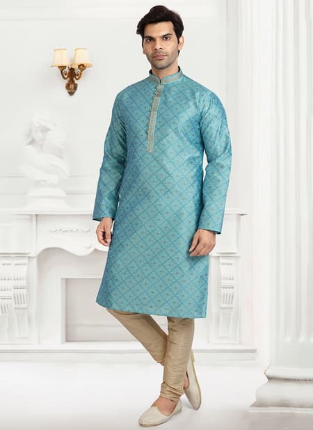 Blue Colour Traditional Wear Jacquard silk Kurta Pajama Mens Collection 1231